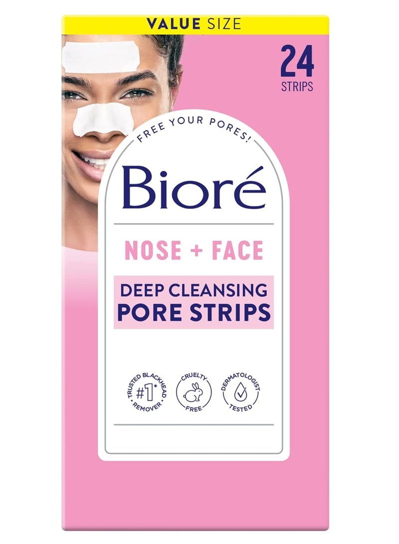 Bioré Nose+Face Blackhead Remover Pore Strips, 12 Nose + 12 Face Strips for Chin or Forehead, Deep Cleansing with Instant Blackhead Removal and Pore Unclogging, Non-Comedogenic Use, 24 Ct Value Size