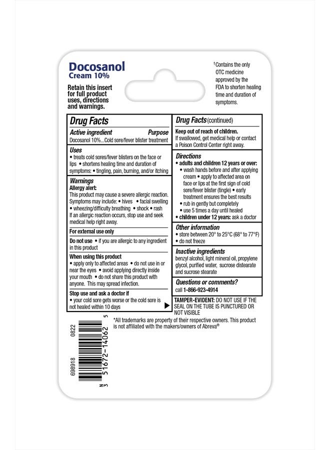 Cold Sore/Fever Blister Treatment - Docosanol 10% Cream (0.07 oz - 2 Tube)