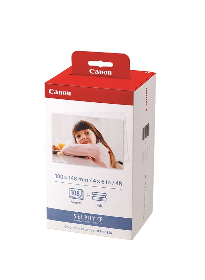 Canon KP-108IN Color Ink Paper Set for Canon Selphy CP910/CP810 Photo Printer, 108 Sheets, White