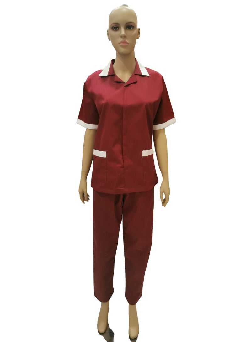 Maid Uniform with Zipper Top and Pants Maroon Domestic Helper Uniform