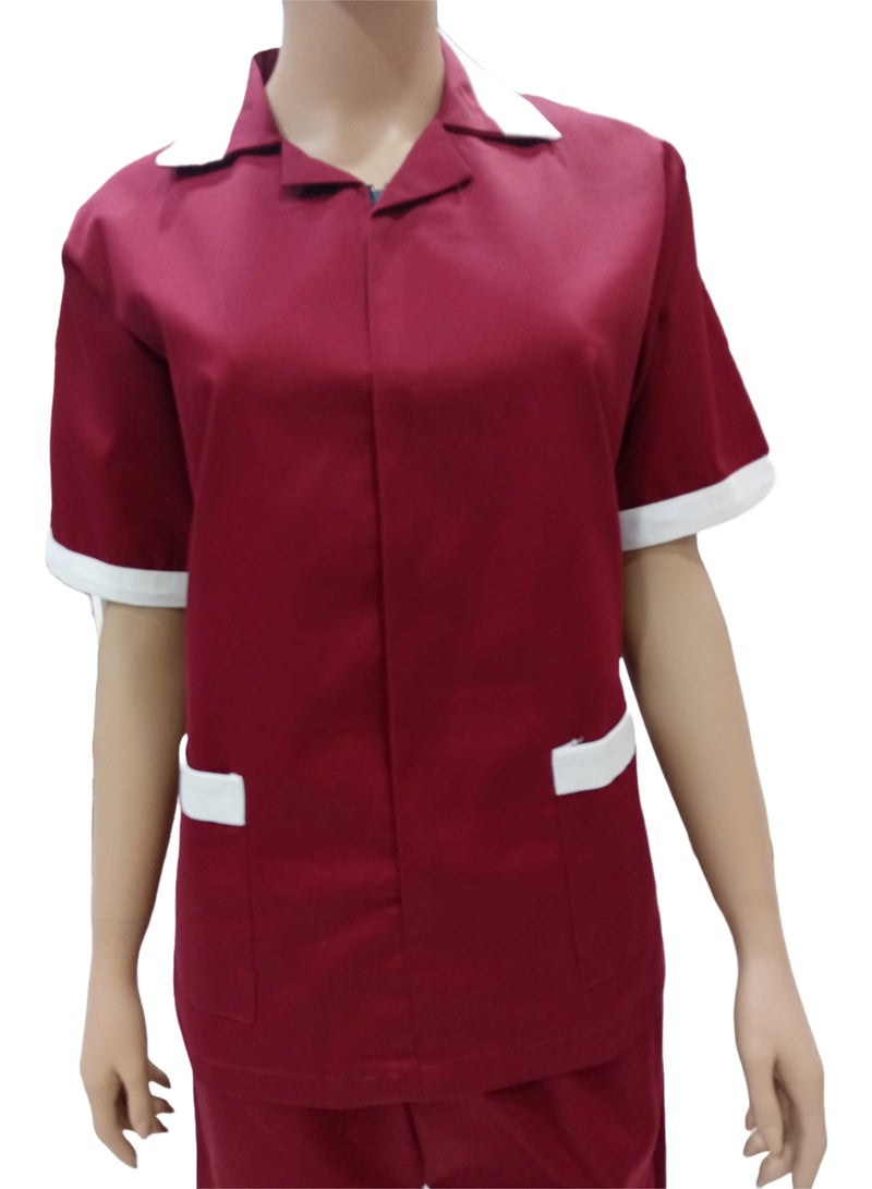 Maid Uniform with Zipper Top and Pants Maroon Domestic Helper Uniform