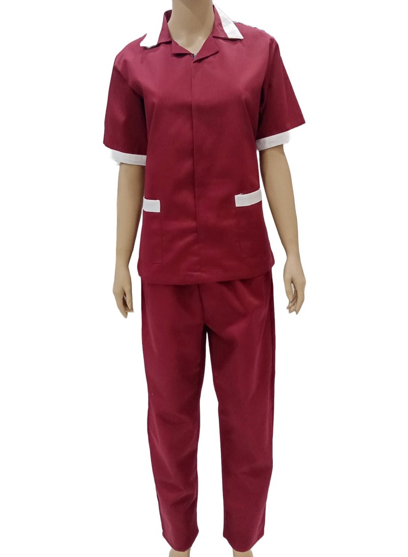Maid Uniform with Zipper Top and Pants Maroon Domestic Helper Uniform