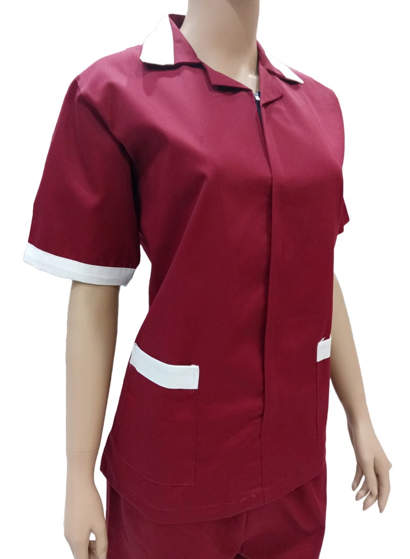 Maid Uniform with Zipper Top and Pants Maroon Domestic Helper Uniform