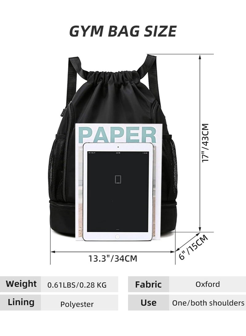 Drawstring Bag, Beach Sports Yoga Gym Bag, with Side Mesh Pockets, Basketball Bag with Shoes Compartment, for Women Men, Sports Riding Backpack, for Sports Swim Travel Shoe