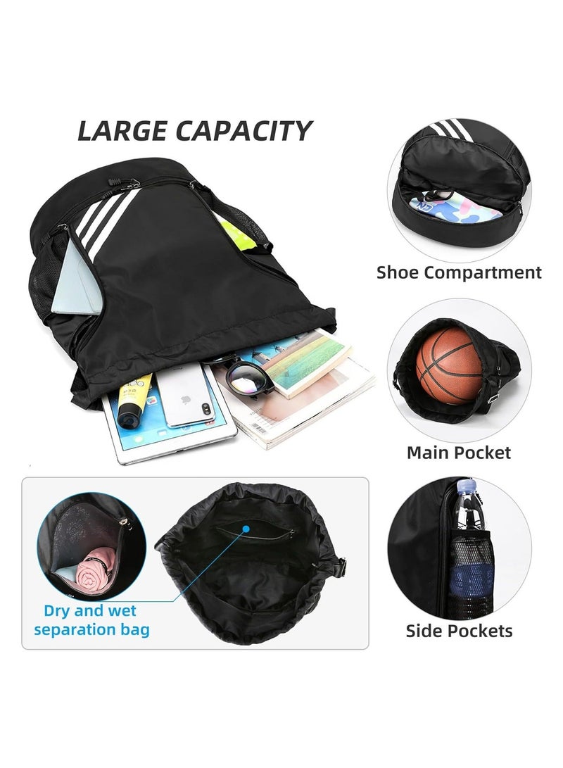 Drawstring Bag, Beach Sports Yoga Gym Bag, with Side Mesh Pockets, Basketball Bag with Shoes Compartment, for Women Men, Sports Riding Backpack, for Sports Swim Travel Shoe