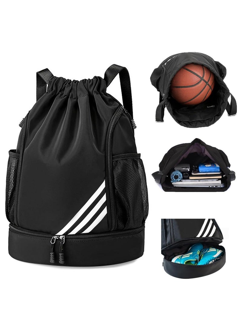 Drawstring Bag, Beach Sports Yoga Gym Bag, with Side Mesh Pockets, Basketball Bag with Shoes Compartment, for Women Men, Sports Riding Backpack, for Sports Swim Travel Shoe