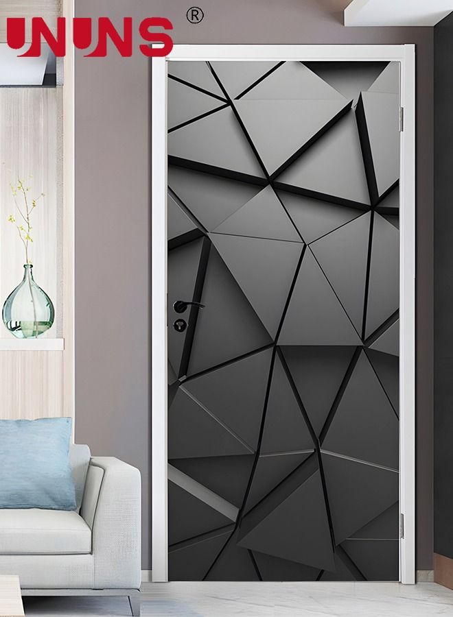 3D Door Stickers Mural,Black Abstract Geometric DIY Self-Adhesive Door Wall Murals,Waterproof Removable Doors Decoration,38.5x200x2cm