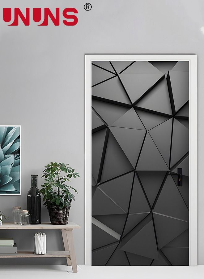 3D Door Stickers Mural,Black Abstract Geometric DIY Self-Adhesive Door Wall Murals,Waterproof Removable Doors Decoration,38.5x200x2cm