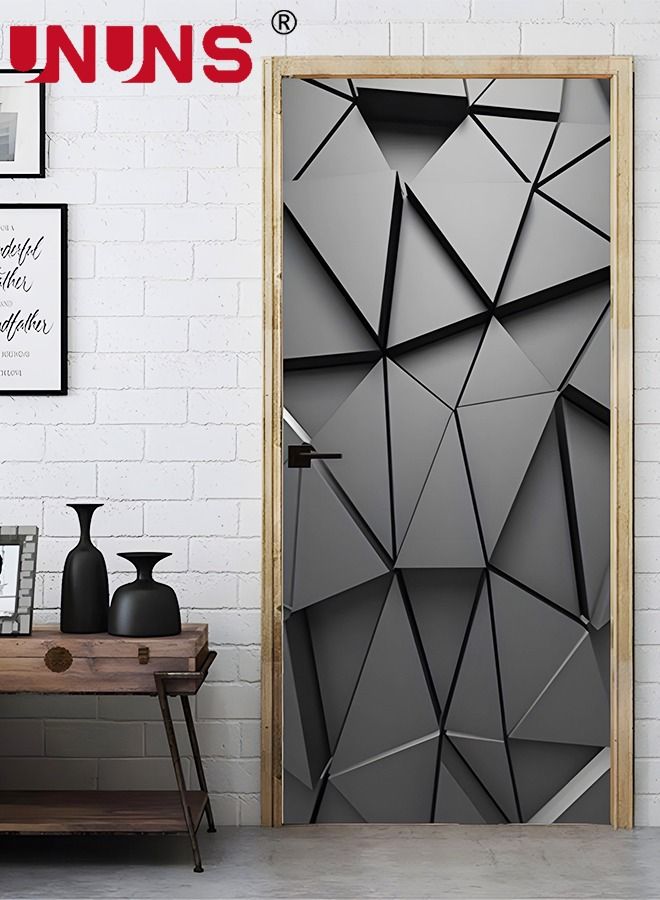 3D Door Stickers Mural,Black Abstract Geometric DIY Self-Adhesive Door Wall Murals,Waterproof Removable Doors Decoration,38.5x200x2cm