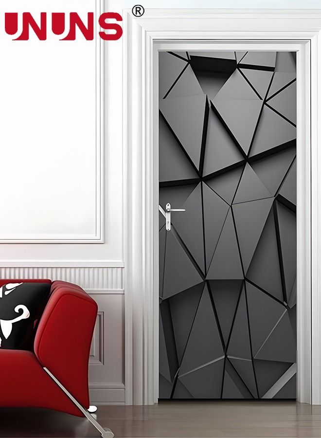 3D Door Stickers Mural,Black Abstract Geometric DIY Self-Adhesive Door Wall Murals,Waterproof Removable Doors Decoration,38.5x200x2cm