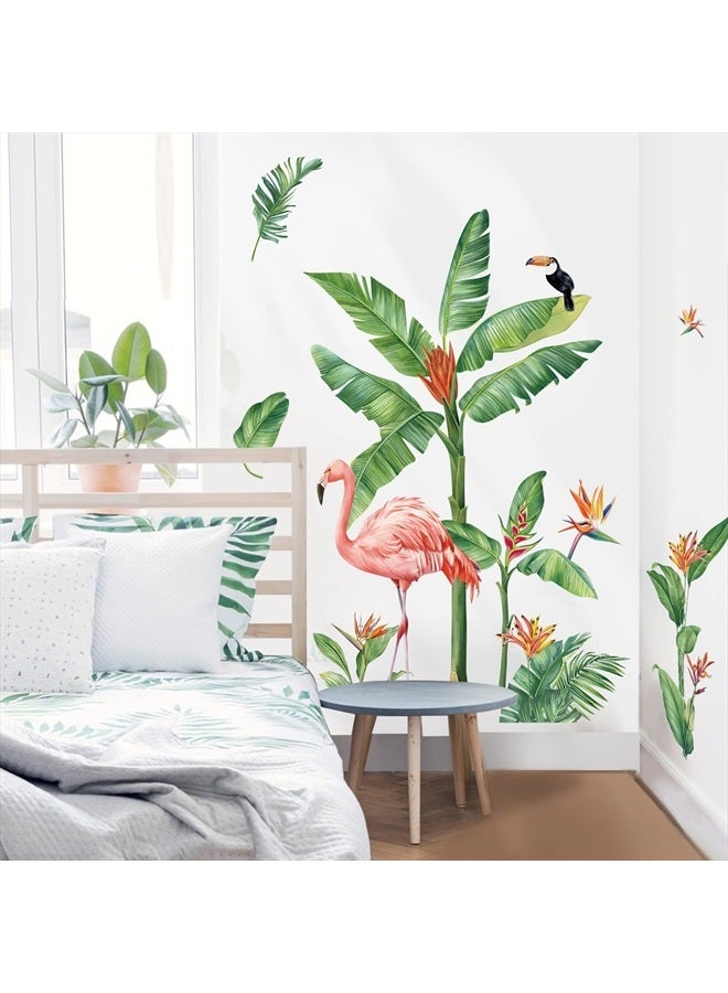 Tropical Leaves Wall Decals Flamingo Green Plants Wall Stickers Living Room Bedroom Sofa TV Background Wall Decor