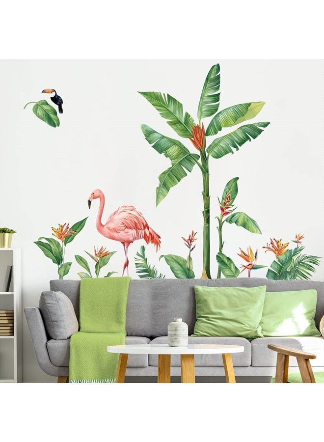 Tropical Leaves Wall Decals Flamingo Green Plants Wall Stickers Living Room Bedroom Sofa TV Background Wall Decor