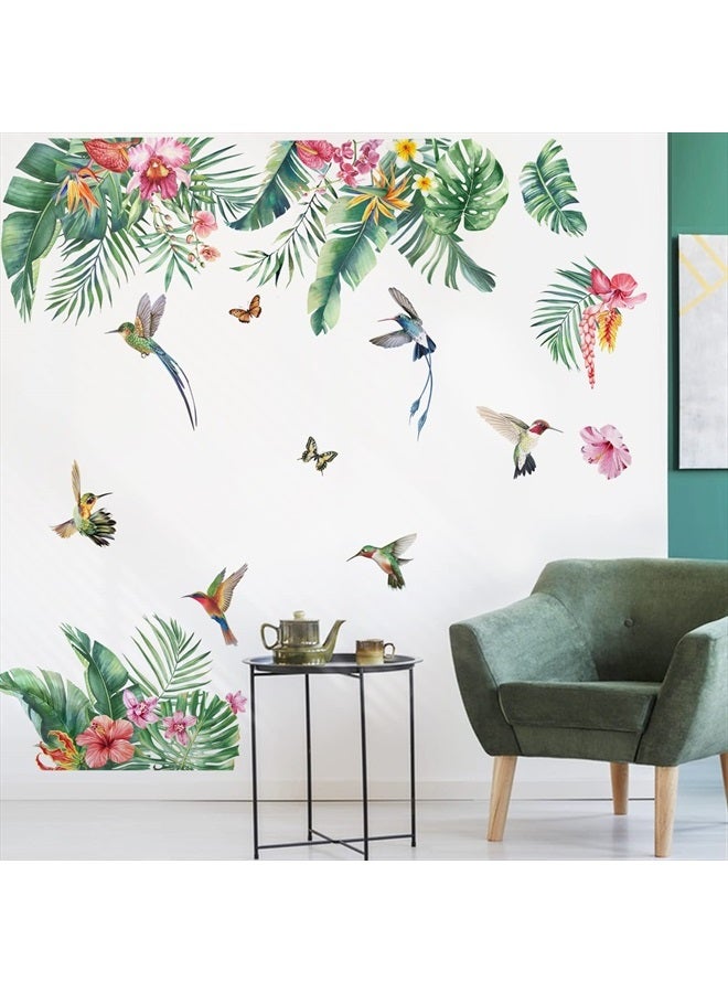 Green Tropical Leaves Wall Decals Tropical Hibiscus Flower Palm Leaf Wall Stickers Living Room Bedroom Office Wall Decor