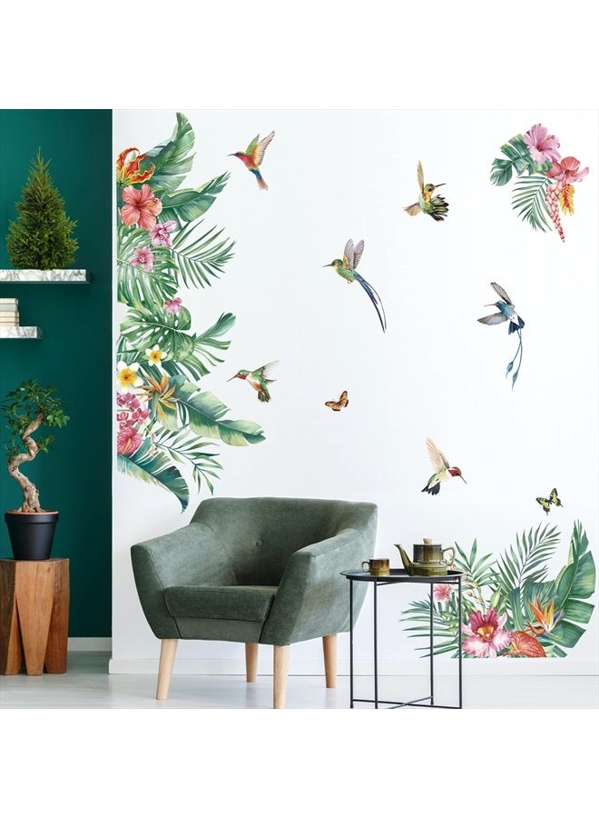 Green Tropical Leaves Wall Decals Tropical Hibiscus Flower Palm Leaf Wall Stickers Living Room Bedroom Office Wall Decor