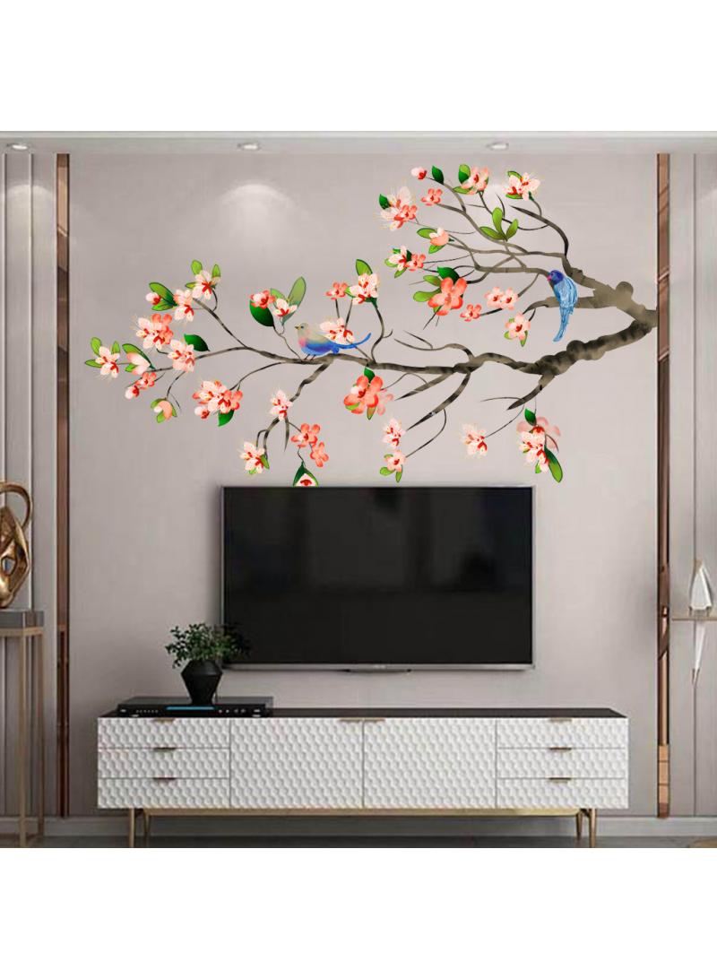 Chinese Style Peach Blossom Branch Bird Self-Adhesive Wall Sticker Perfect For Bedroom And Living Room