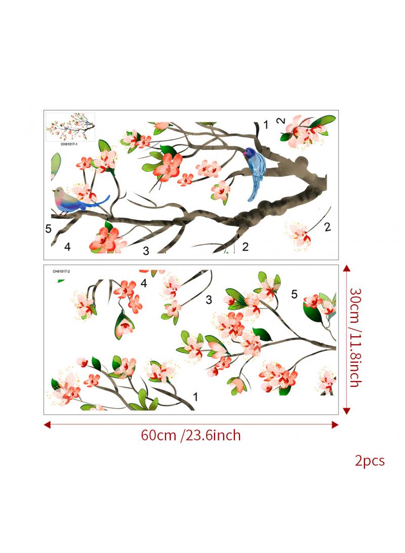 Chinese Style Peach Blossom Branch Bird Self-Adhesive Wall Sticker Perfect For Bedroom And Living Room