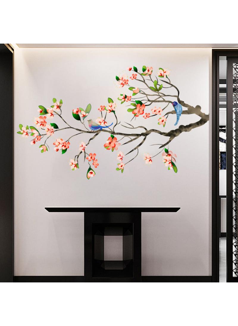 Chinese Style Peach Blossom Branch Bird Self-Adhesive Wall Sticker Perfect For Bedroom And Living Room