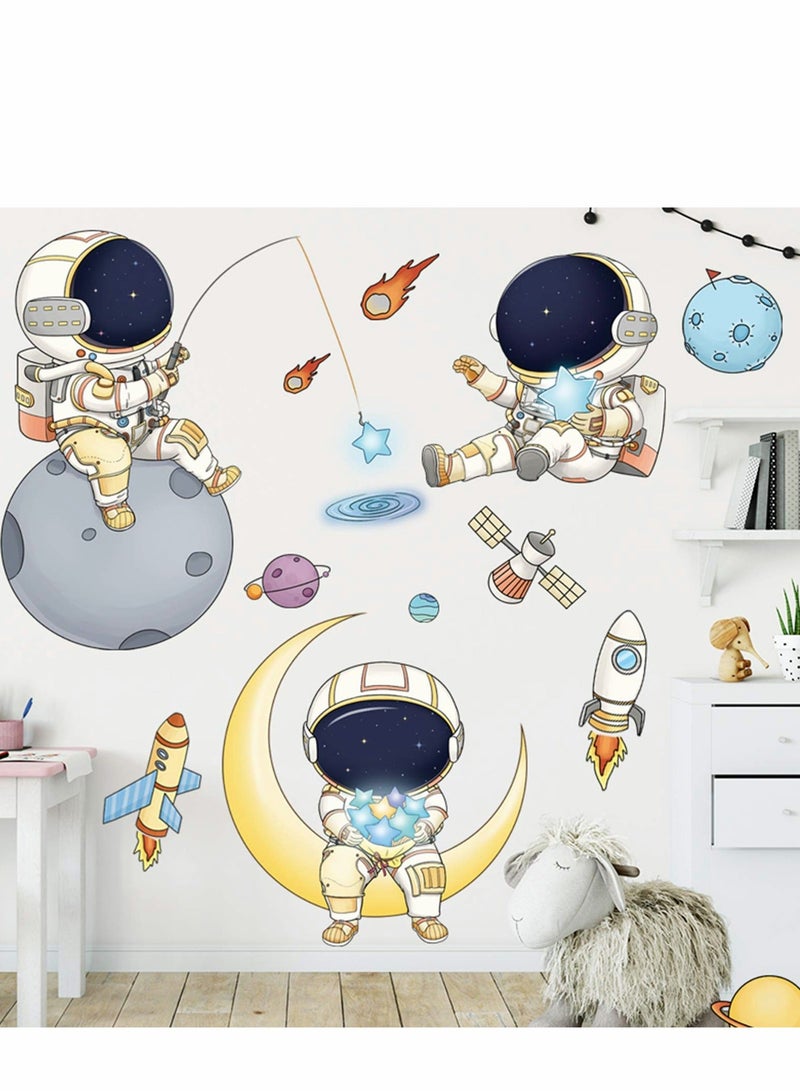 Astronaut Wall Stickers Planet Space Walk Spaceship DIY Art Vinyl Removable Murals Decals, Cartoon Spaceman Cosmonaut Wallpaper for Kids Boys Bedroom Playing Room