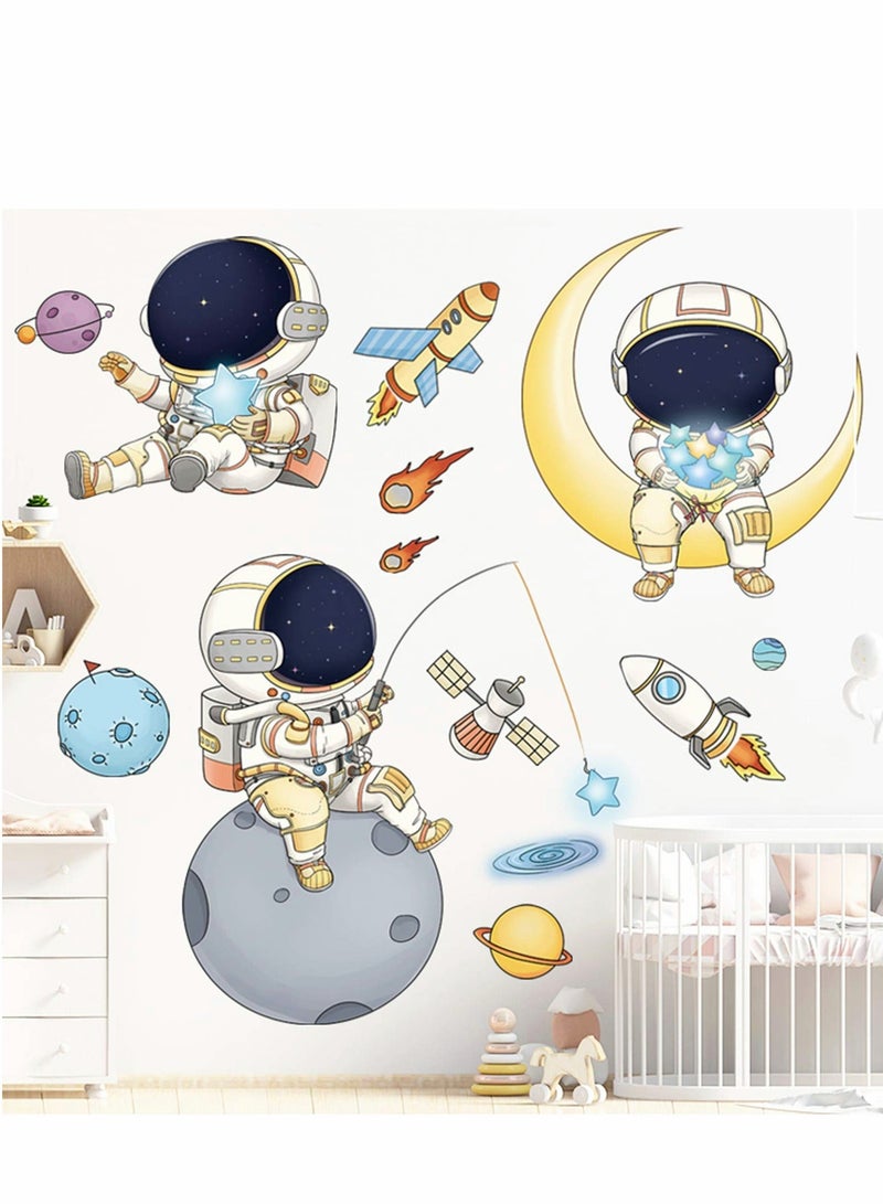 Astronaut Wall Stickers Planet Space Walk Spaceship DIY Art Vinyl Removable Murals Decals, Cartoon Spaceman Cosmonaut Wallpaper for Kids Boys Bedroom Playing Room