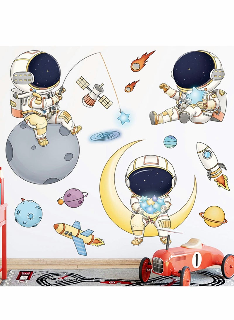 Astronaut Wall Stickers Planet Space Walk Spaceship DIY Art Vinyl Removable Murals Decals, Cartoon Spaceman Cosmonaut Wallpaper for Kids Boys Bedroom Playing Room