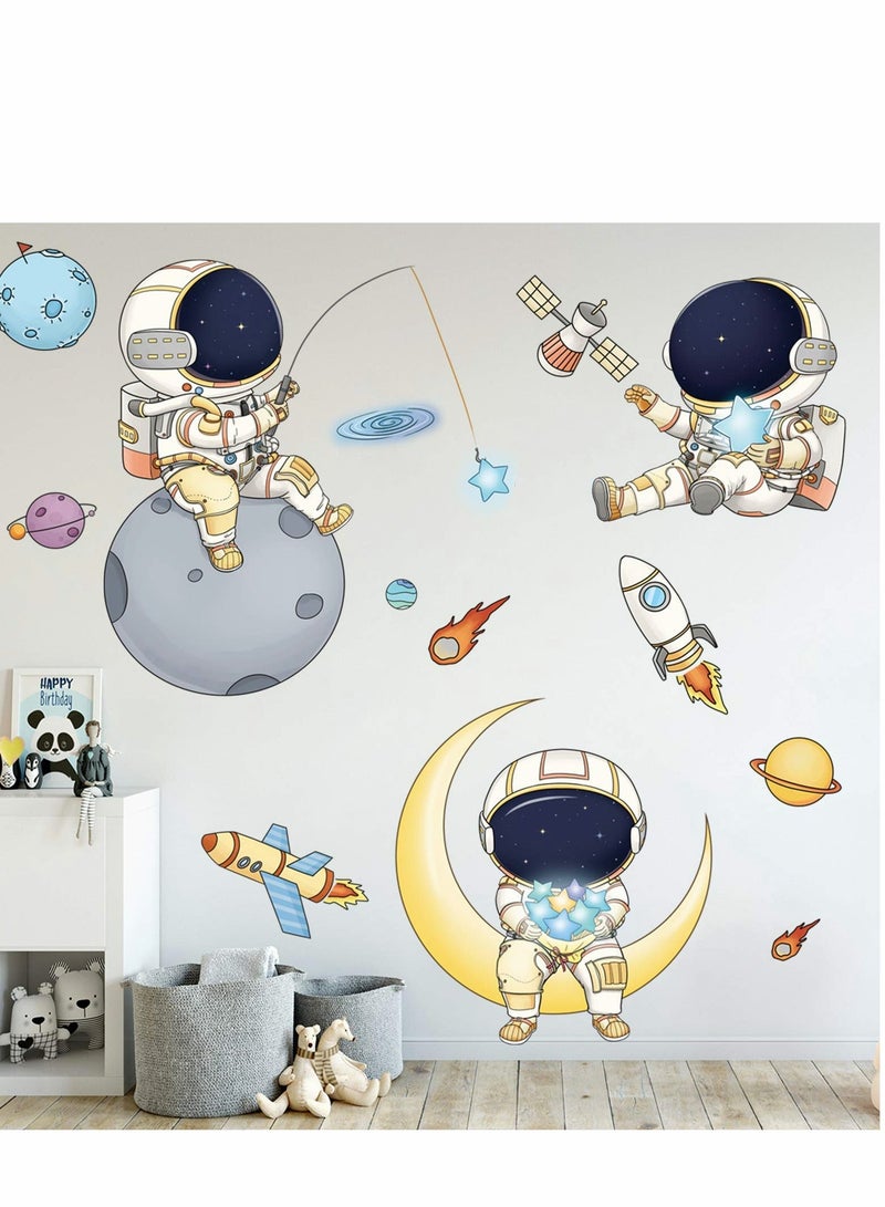 Astronaut Wall Stickers Planet Space Walk Spaceship DIY Art Vinyl Removable Murals Decals, Cartoon Spaceman Cosmonaut Wallpaper for Kids Boys Bedroom Playing Room