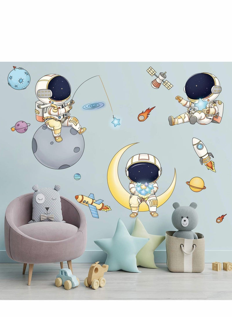 Astronaut Wall Stickers Planet Space Walk Spaceship DIY Art Vinyl Removable Murals Decals, Cartoon Spaceman Cosmonaut Wallpaper for Kids Boys Bedroom Playing Room