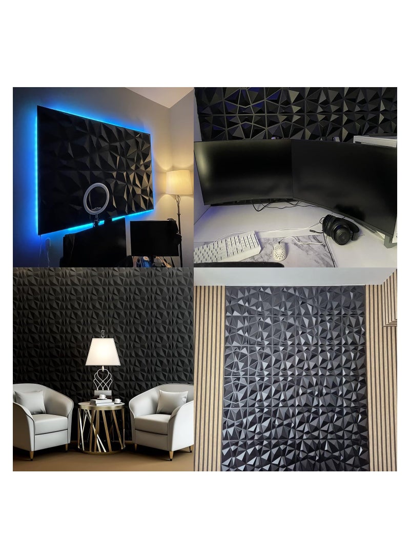 12 PCS 3D Wall Panels 3D Diamond Texture Wall Panels PVC Wallpaper Panels Wall Decoration Covering 50x50CM Black