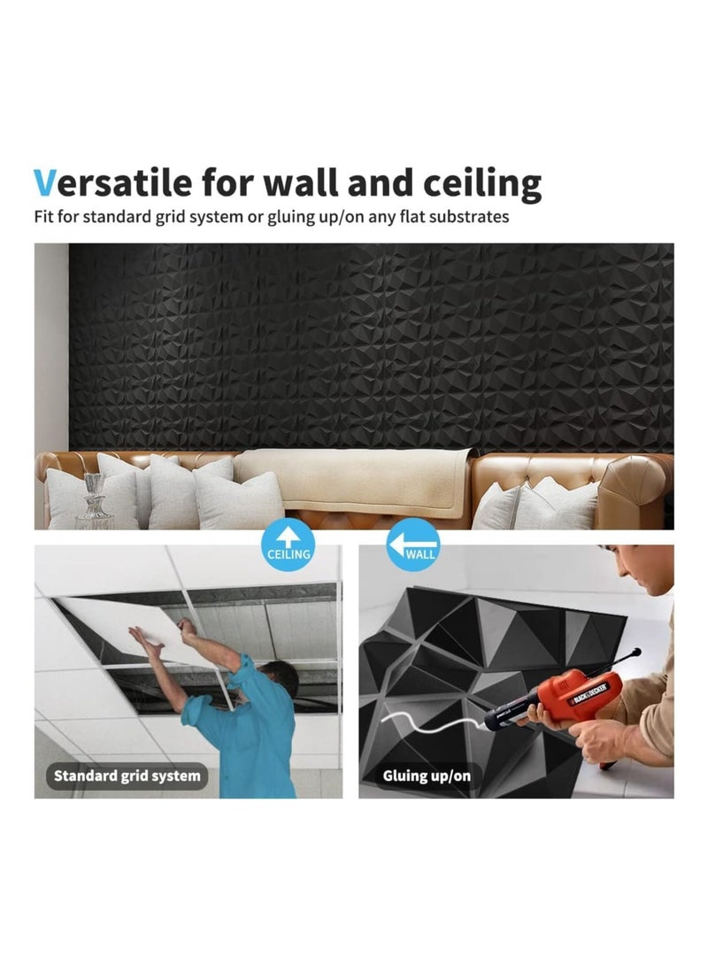 12 PCS 3D Wall Panels 3D Diamond Texture Wall Panels PVC Wallpaper Panels Wall Decoration Covering 50x50CM Black