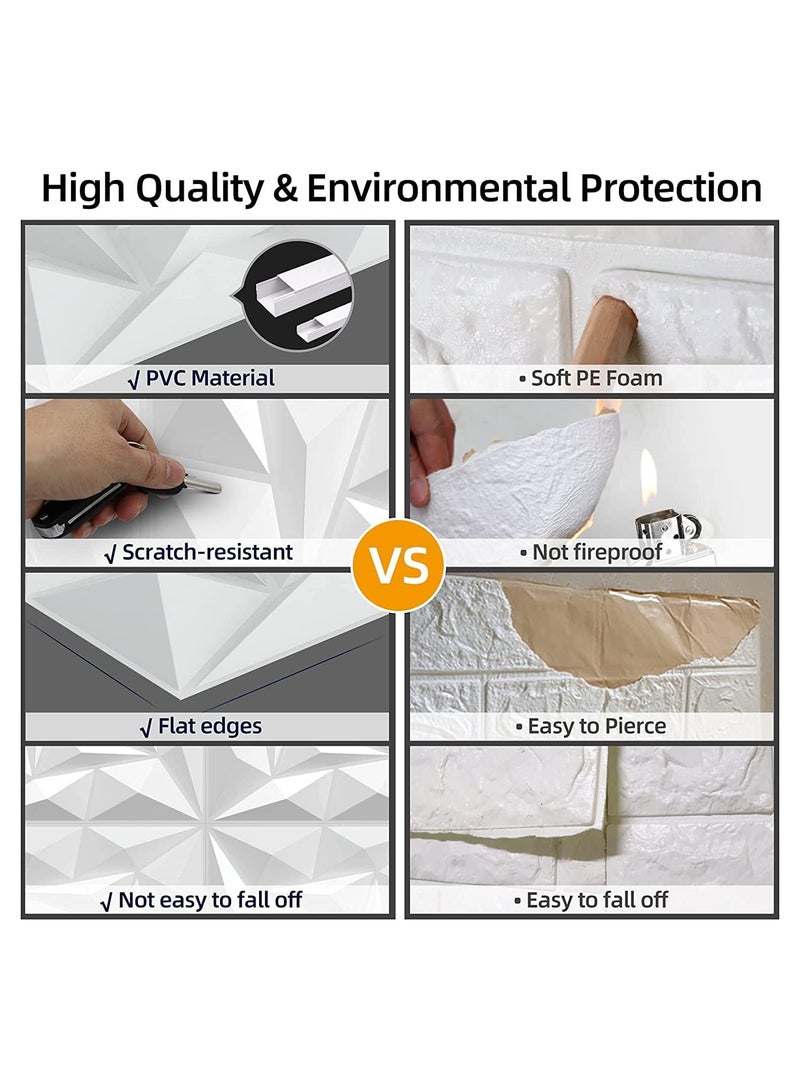 12 PCS 3D Wall Panels 3D Diamond Texture Wall Panels PVC Wallpaper Panels Wall Decoration Covering 50x50cm White