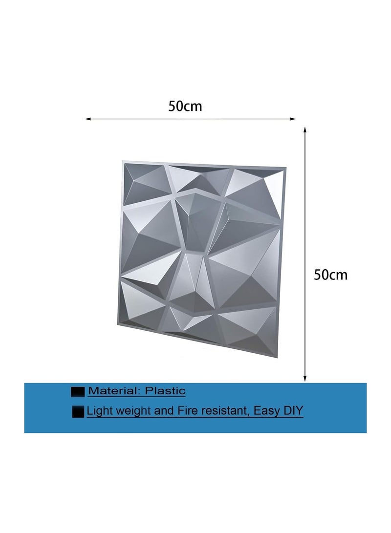 12 PCS 3D Wall Panels 3D Diamond Texture Wall Panels PVC Wallpaper Panels Wall Decoration Covering 50x50cm Silve