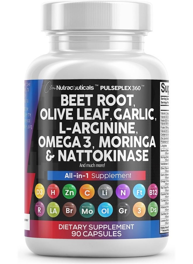 Beet Root Capsules 6000mg Olive Leaf 6000mg Nattokinase 4000 FU Garlic Extract 2000mg L-Arginine 400mg Omega 3 Hibiscus Danshen - Healthy Support Supplement - USA Made