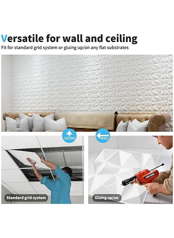 12 Pieces 3D Wall Panels, 3D Texture PVC Wallpaper, Diamond Design Decorative Wall Cover PVC Material Each 30x30cm White