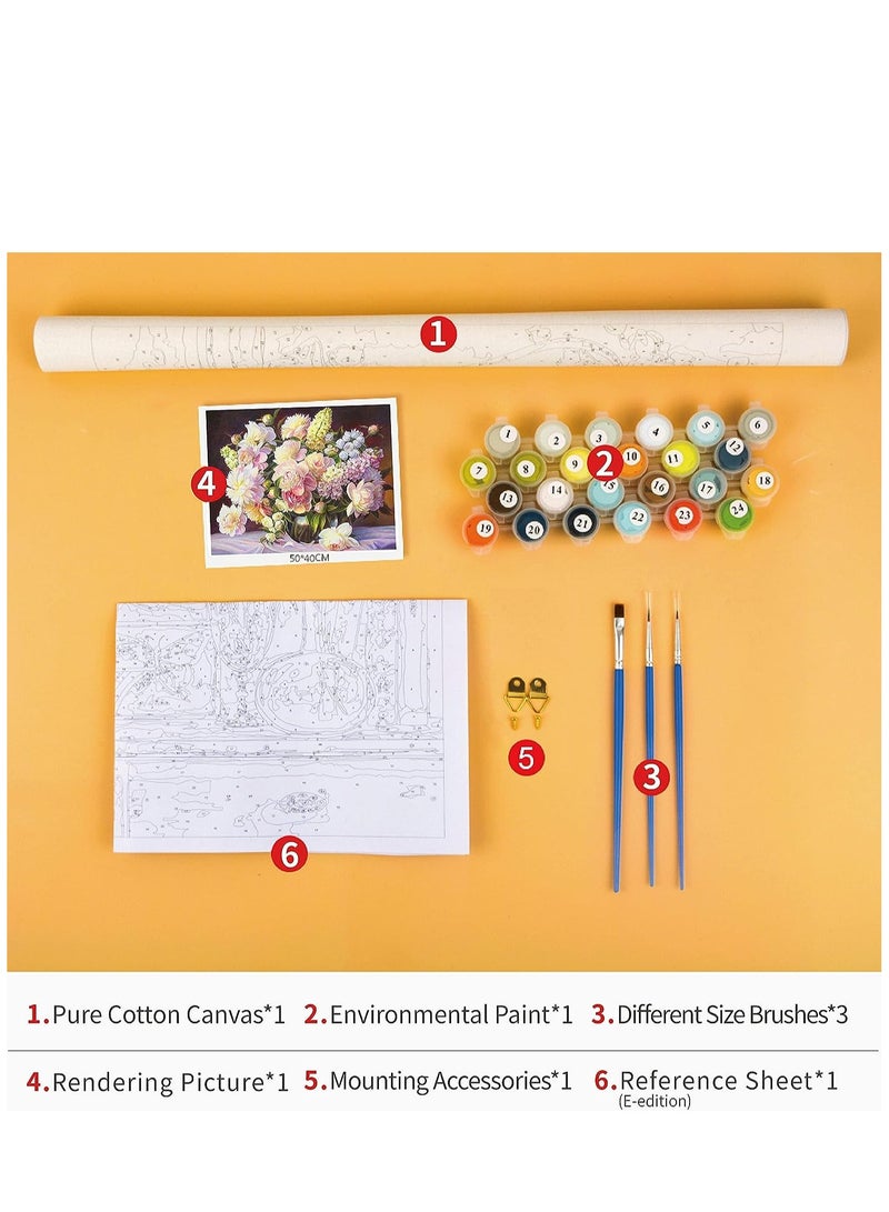 DIY Oil Paint Paint by Numbers Brushes Kits for Adults Beginner Kids Flowers in Vase Acrylic Painting Gifts for Home Wall Decor 16 * 20 inch (Without Frame)