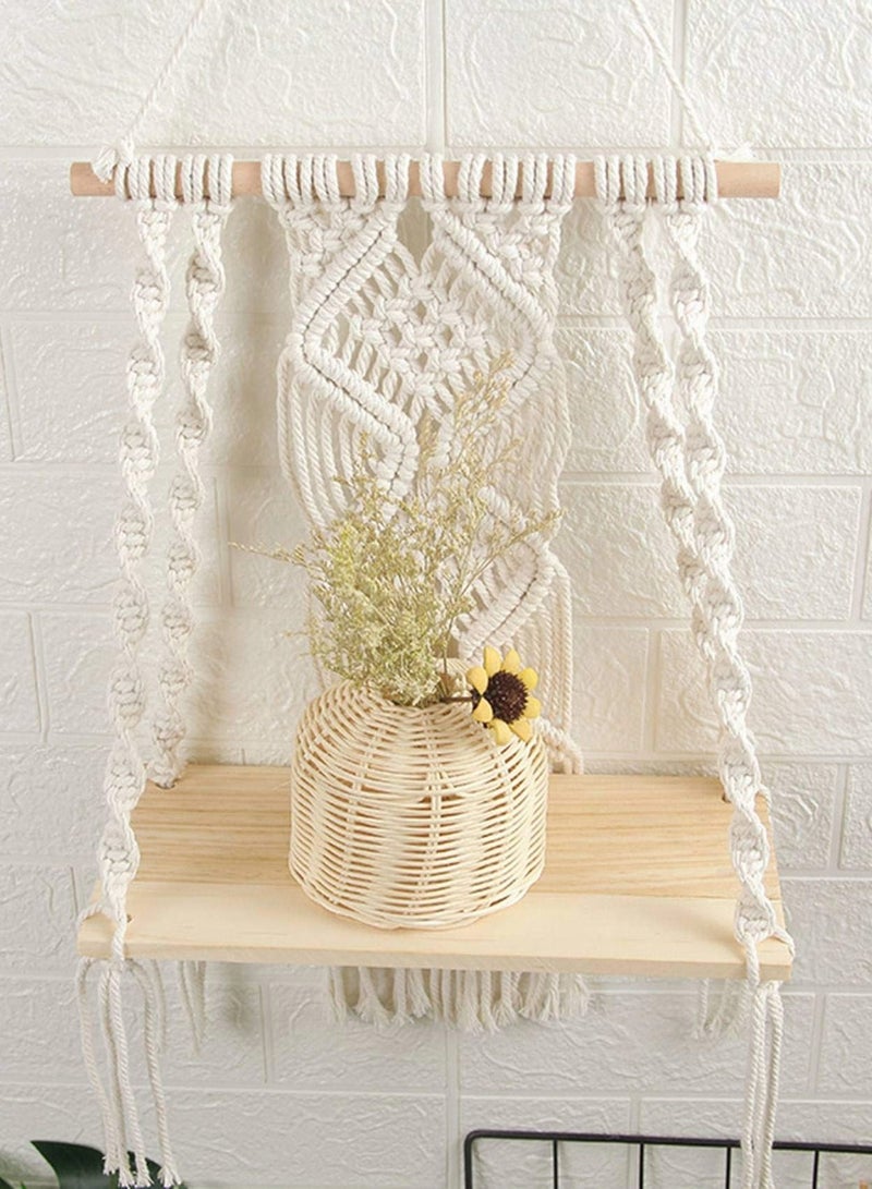 Wall Hanging Shelf Boho Decor Wood Floating Shelf for Bedroom Living Room Nursery Bathroom, Handmade Woven Rope Storage Rack for Photo Frames Plant Display