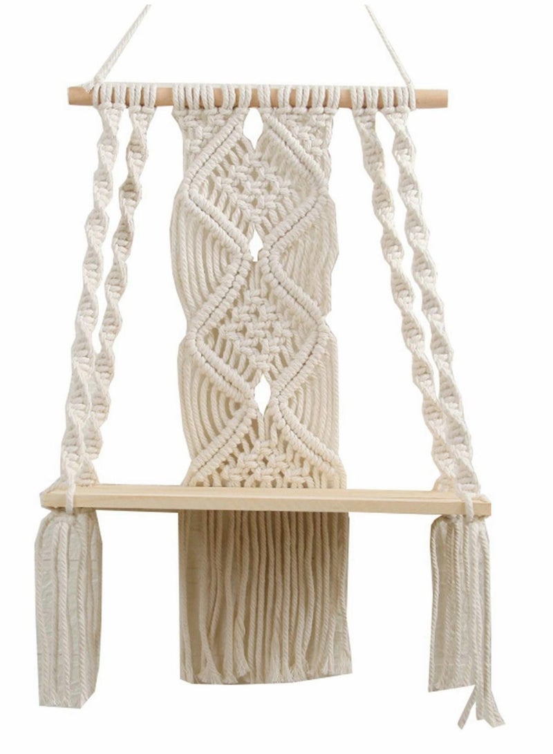 Wall Hanging Shelf Boho Decor Wood Floating Shelf for Bedroom Living Room Nursery Bathroom, Handmade Woven Rope Storage Rack for Photo Frames Plant Display