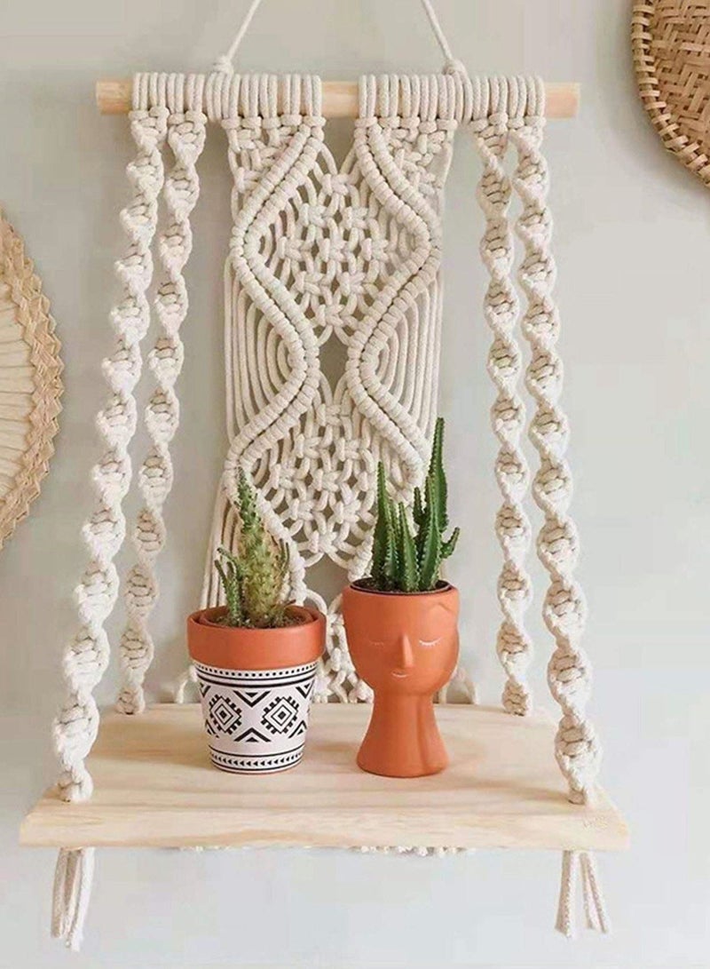 Wall Hanging Shelf Boho Decor Wood Floating Shelf for Bedroom Living Room Nursery Bathroom, Handmade Woven Rope Storage Rack for Photo Frames Plant Display