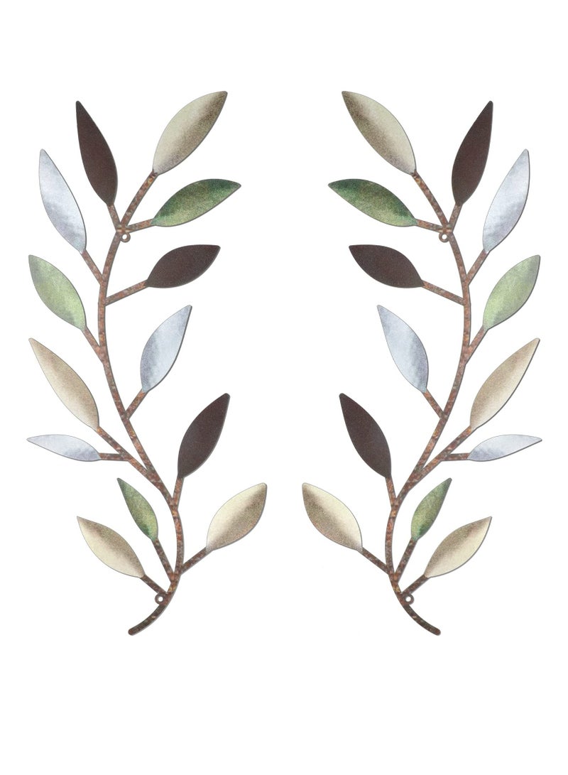 2 Pieces Metal Tree Leaf Wall Decor Vine Olive Branch Leaf Wall Art Wrought Iron Scroll Above The Bed, Living Room, Outdoor Decoration (Colorful)