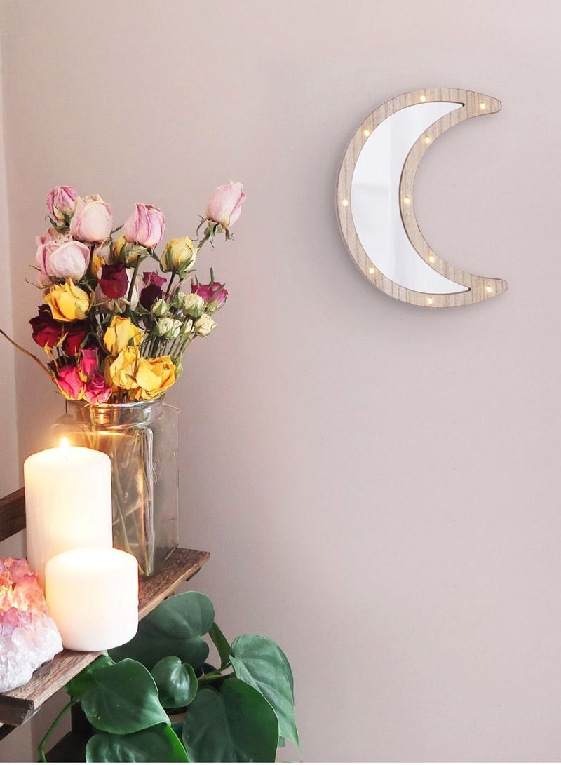 Wooden Crescent Moon Ramadan Decorative Mirror with LED Lights 30x22cm