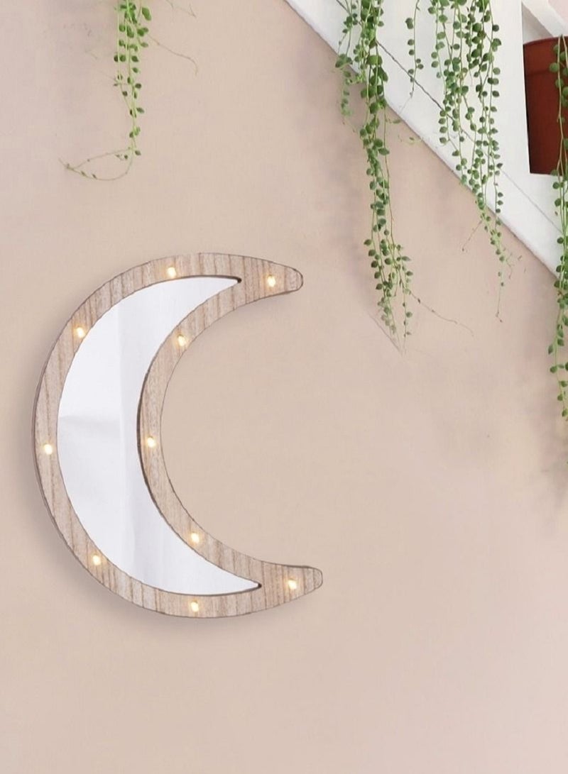 Wooden Crescent Moon Ramadan Decorative Mirror with LED Lights 30x22cm