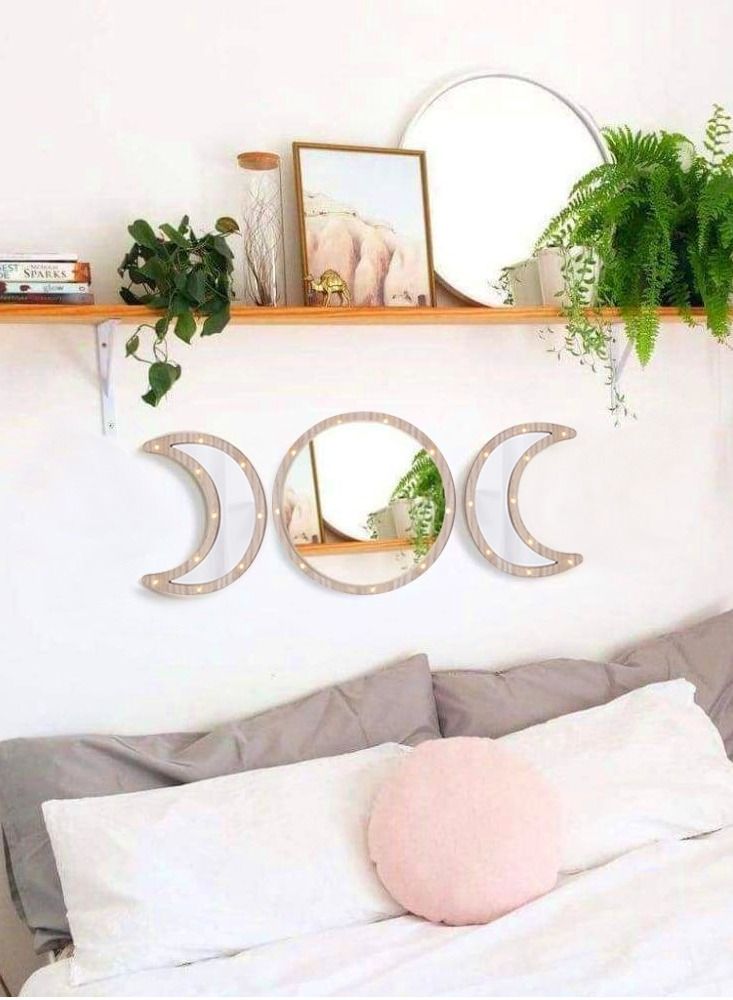 Wooden Crescent Moon Ramadan Decorative Mirror with LED Lights 30x22cm