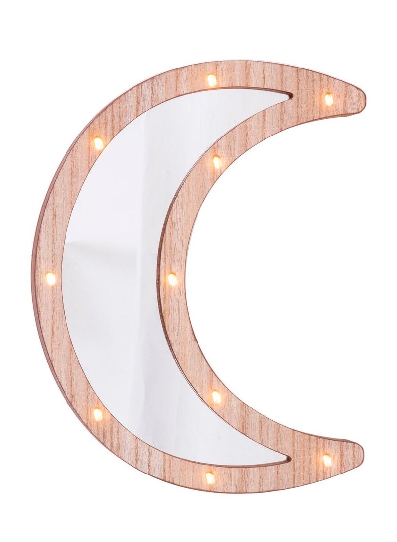 Wooden Crescent Moon Ramadan Decorative Mirror with LED Lights 30x22cm