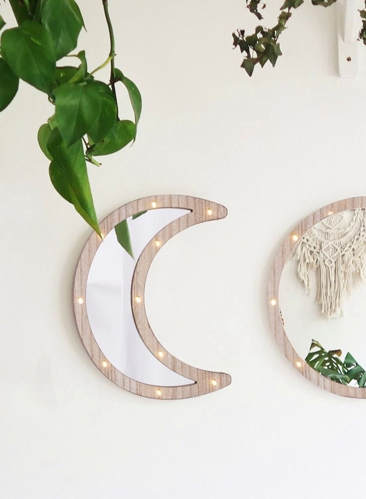 Wooden Crescent Moon Ramadan Decorative Mirror with LED Lights 30x22cm