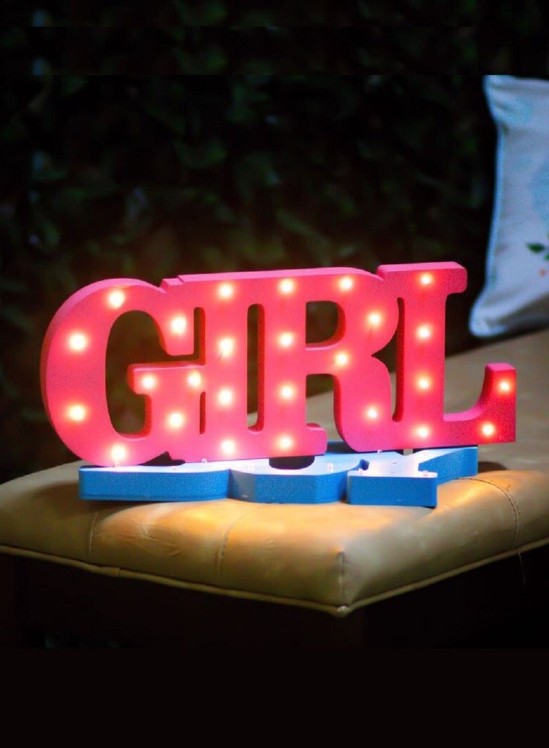 GIRL Sign with LED Lights Wooden Pink for Baby Shower 50x21cm