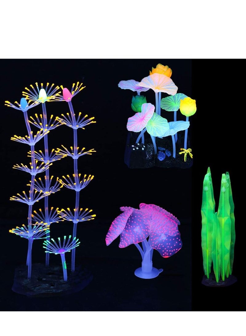 4 Pcs Glow Aquarium Decorations, Silicone Coral Lotus Leaf Anemone Seaweed Simulation Plant Glowing Effect for Fish Tank Decorations