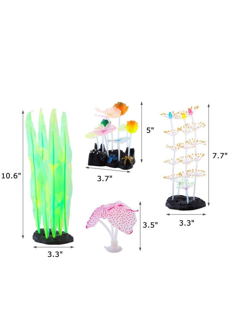 4 Pcs Glow Aquarium Decorations, Silicone Coral Lotus Leaf Anemone Seaweed Simulation Plant Glowing Effect for Fish Tank Decorations