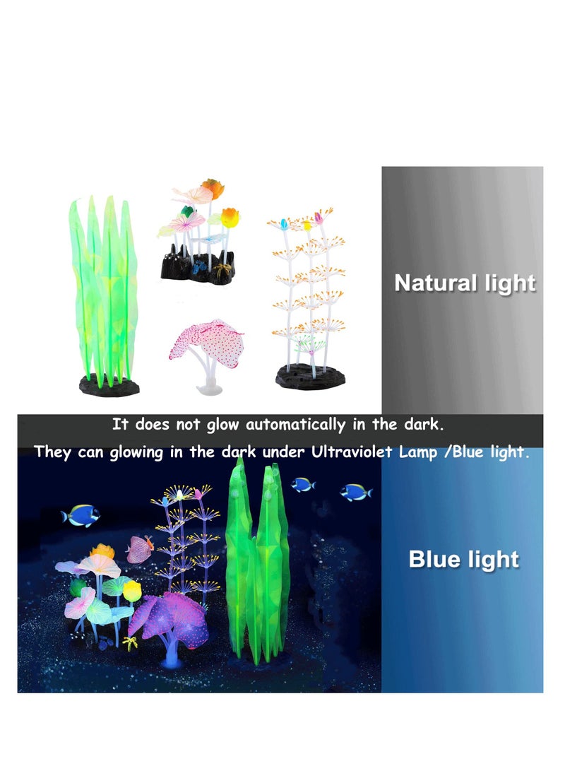 4 Pcs Glow Aquarium Decorations, Silicone Coral Lotus Leaf Anemone Seaweed Simulation Plant Glowing Effect for Fish Tank Decorations