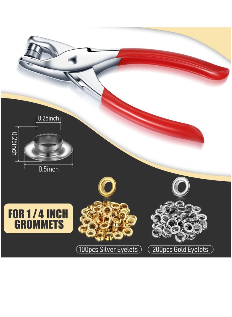 Grommet Eyelet Plier Set, Hole Punch Pliers Kit with 300 Metal Eyelets, Tool for Leather Clothes Belt (Gold, Silver,1/4 Inch)