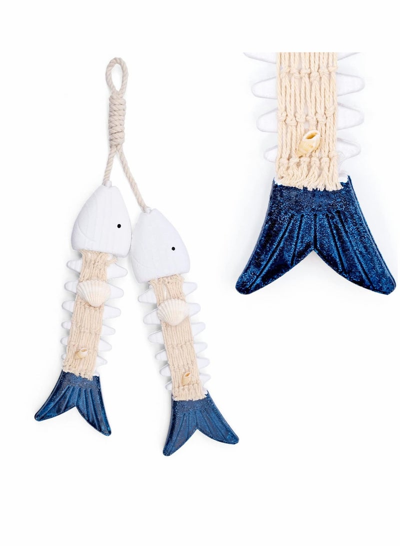 Hanging Wooden Nautical Fish Decoration Wall Door Beach Theme Decor for Home Mediterranean Style Ornament 2 Set
