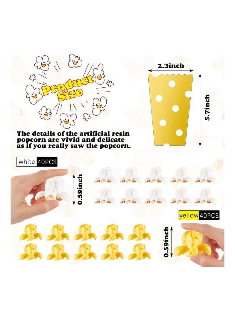 50 Pieces Miniature Resin Popcorn Decor, Artificial Lifelike Fake Decorations Mini Boxes Cardboard Container for Party Diy Photo Props, Small Models Decor