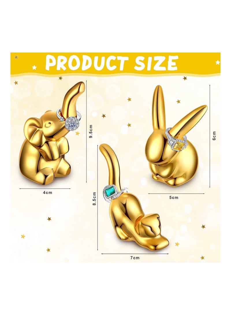 3 Pieces Animals Ring Holder Ceramic Elephant Statues Cat Statue Gold Bunny Ornaments Modern Style Animal Figurines for House Decor